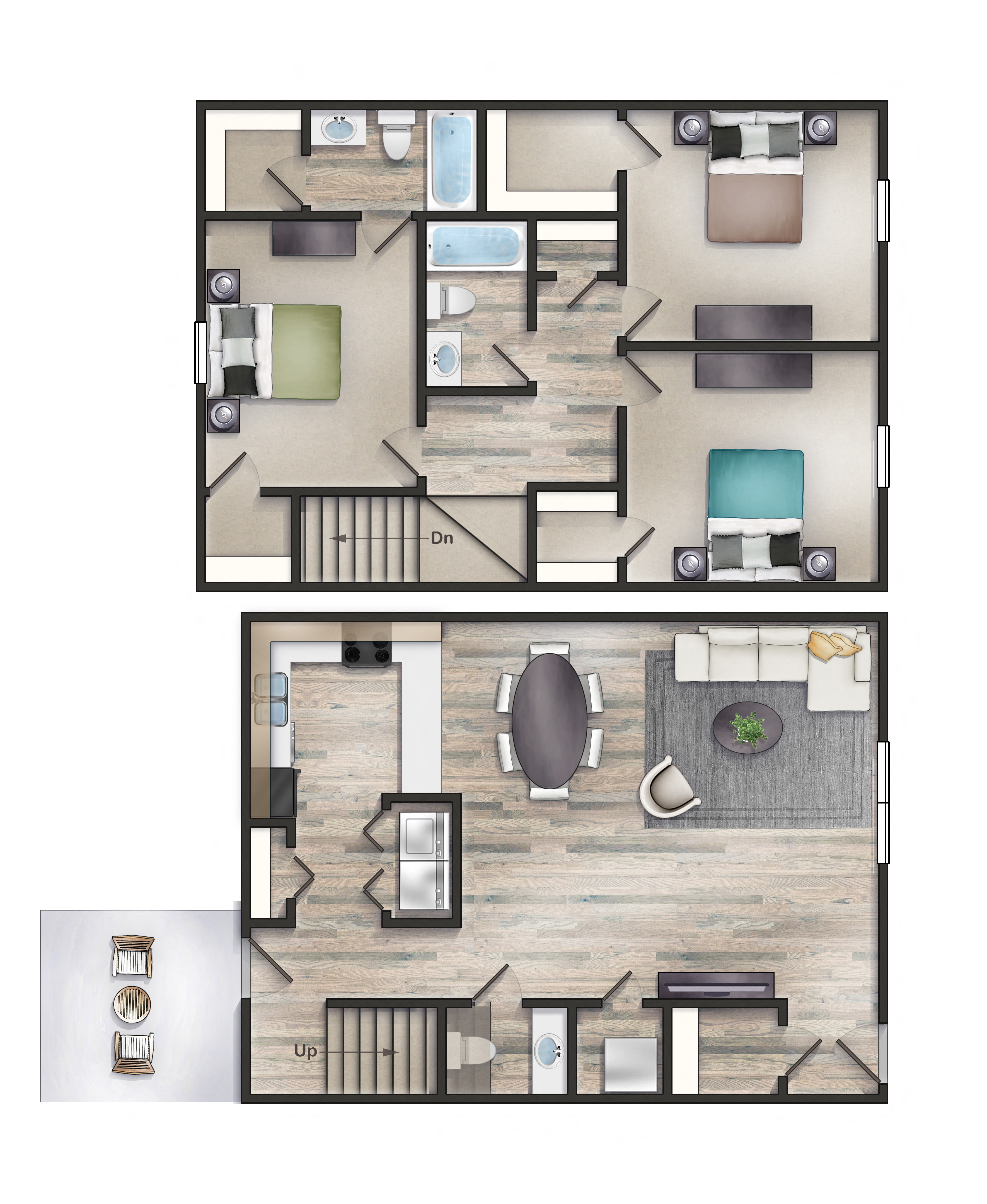 Floor plan for 3 beds, 2.5 baths, 1600 sqft